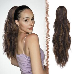 FESHFEN Ponytail Extensions, Long Claw Clip in Ponytail Hairpiece Synthetic Pony Tails Hair Piece Natural Wavy Hairpieces for Women, 20 inch Dirty Blonde(Black Brown Mixed Light Brown)