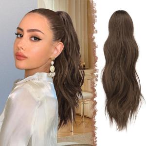 FESHFEN Ponytail Extensions, Long Claw Clip in Ponytail Hairpiece Synthetic Pony Tails Hair Piece Natural Wavy Hairpieces for Women, 20 inch Dirty Blonde(Chestnut Brown)