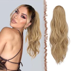 FESHFEN Ponytail Extensions, Long Claw Clip in Ponytail Hairpiece Synthetic Pony Tails Hair Piece Natural Wavy Hairpieces for Women, 20 inch Dirty Blonde(Blonde & Ash Blonde Mixed)