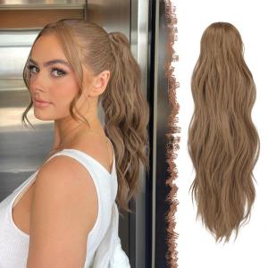 FESHFEN Ponytail Extensions, Long Claw Clip in Ponytail Hairpiece Synthetic Pony Tails Hair Piece Natural Wavy Hairpieces for Women, 20 inch Dirty Blonde(Brown Blonde)