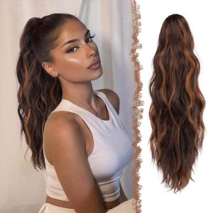 FESHFEN Ponytail Extensions, Long Claw Clip in Ponytail Hairpiece Synthetic Pony Tails Hair Piece Natural Wavy Hairpieces for Women, 20 inch Dirty Blonde(Dark Brown and Light Auburn)
