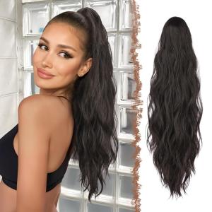 FESHFEN Ponytail Extensions, Long Claw Clip in Ponytail Hairpiece Synthetic Pony Tails Hair Piece Natural Wavy Hairpieces for Women, 20 inch Dirty Blonde(2# Natural Black)