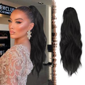 FESHFEN Ponytail Extensions, Long Claw Clip in Ponytail Hairpiece Synthetic Pony Tails Hair Piece Natural Wavy Hairpieces for Women, 20 inch Dirty Blonde(1B# Black)