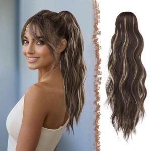 FESHFEN Ponytail Extensions, Long Claw Clip in Ponytail Hairpiece Synthetic Pony Tails Hair Piece Natural Wavy Hairpieces for Women, 20 inch Dirty Blonde(Brunette Mixed Blonde)