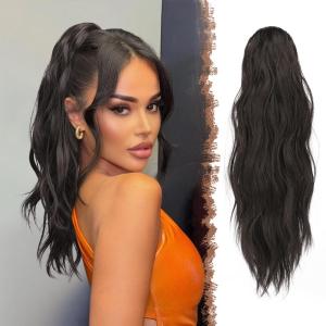 FESHFEN Ponytail Extensions, Long Claw Clip in Ponytail Hairpiece Synthetic Pony Tails Hair Piece Natural Wavy Hairpieces for Women, 20 inch Dirty Blonde(Black Brown)