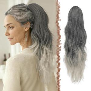 FESHFEN Ponytail Extensions, Long Claw Clip in Ponytail Hairpiece Synthetic Pony Tails Hair Piece Natural Wavy Hairpieces for Women, 20 inch Dirty Blonde(Black Gray and White Tips)