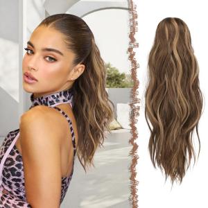 FESHFEN Ponytail Extensions, Long Claw Clip in Ponytail Hairpiece Synthetic Pony Tails Hair Piece Natural Wavy Hairpieces for Women, 20 inch Dirty Blonde(Honey Blonde Mixed Light Brown)