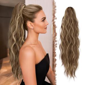 FESHFEN Ponytail Extensions, Long Claw Clip in Ponytail Hairpiece Synthetic Pony Tails Hair Piece Natural Wavy Hairpieces for Women, 20 inch Dirty Blonde(12H29# Light Brown & Blonde)