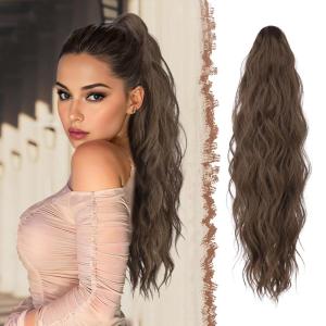 FESHFEN Ponytail Extensions, Long Claw Clip in Ponytail Hairpiece Synthetic Pony Tails Hair Piece Natural Wavy Hairpieces for Women, 20 inch Dirty Blonde(8.10# Chestnut Brown)