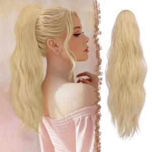 FESHFEN Ponytail Extensions, Long Claw Clip in Ponytail Hairpiece Synthetic Pony Tails Hair Piece Natural Wavy Hairpieces for Women, 20 inch Dirty Blonde(Champagne Blonde)
