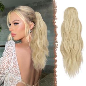FESHFEN Ponytail Extensions, Long Claw Clip in Ponytail Hairpiece Synthetic Pony Tails Hair Piece Natural Wavy Hairpieces for Women, 20 inch Dirty Blonde(Pale Ash Blonde)