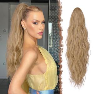FESHFEN Ponytail Extensions, Long Claw Clip in Ponytail Hairpiece Synthetic Pony Tails Hair Piece Natural Wavy Hairpieces for Women, 20 inch Dirty Blonde(27.613A# Mixed Blonde)