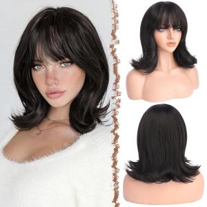 FESHFEN Shoulder Length Bob Wigs with Bangs for Women – Brown Mixed Honey Blonde Natural Layered Wavy Synthetic Wig For Daily Party Costume Use 14 Inch(Dark Brown)