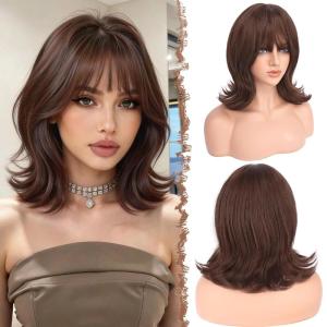 FESHFEN Shoulder Length Bob Wigs with Bangs for Women – Brown Mixed Honey Blonde Natural Layered Wavy Synthetic Wig For Daily Party Costume Use 14 Inch(Reddish Brown)