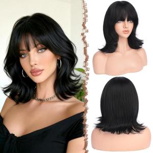 FESHFEN Shoulder Length Bob Wigs with Bangs for Women – Brown Mixed Honey Blonde Natural Layered Wavy Synthetic Wig For Daily Party Costume Use 14 Inch(Natural Black)