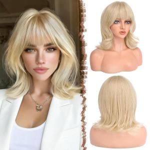 FESHFEN Shoulder Length Bob Wigs with Bangs for Women – Brown Mixed Honey Blonde Natural Layered Wavy Synthetic Wig For Daily Party Costume Use 14 Inch(Bleach Blonde)