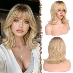FESHFEN Shoulder Length Bob Wigs with Bangs for Women – Brown Mixed Honey Blonde Natural Layered Wavy Synthetic Wig For Daily Party Costume Use 14 Inch(Ombre Blonde)
