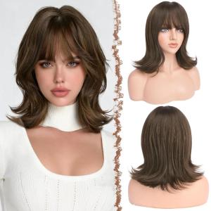 FESHFEN Shoulder Length Bob Wigs with Bangs for Women – Brown Mixed Honey Blonde Natural Layered Wavy Synthetic Wig For Daily Party Costume Use 14 Inch(Brown with Highlights)