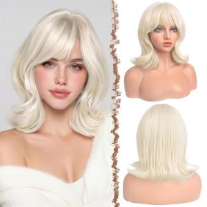 FESHFEN Shoulder Length Bob Wigs with Bangs for Women – Brown Mixed Honey Blonde Natural Layered Wavy Synthetic Wig For Daily Party Costume Use 14 Inch(Platinum Blonde)