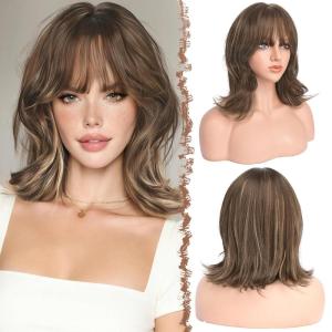 FESHFEN Shoulder Length Bob Wigs with Bangs for Women – Brown Mixed Honey Blonde Natural Layered Wavy Synthetic Wig For Daily Party Costume Use 14 Inch(Brown Mixed Honey Blonde)