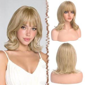 FESHFEN Shoulder Length Bob Wigs with Bangs for Women – Brown Mixed Honey Blonde Natural Layered Wavy Synthetic Wig For Daily Party Costume Use 14 Inch(Dirty Blonde)