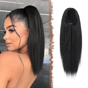 FESHFEN Straight Ponytail Extensions Long Drawstring Natural Synthetic Pony Tail Hair Pieces Clip in Ponytails Hairpieces for Women, Natural Black 12 inch