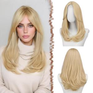 FESHFEN Wigs with Bangs for Women, Synthetic Natural Looking Long Layered Straight Hair Wig for Women Daily Party Costume, 18 inch Copper Red(22.613# Light Blonde)
