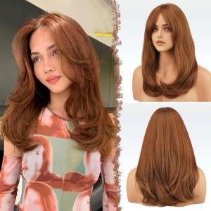 FESHFEN Wigs with Bangs for Women, Synthetic Natural Looking Long Layered Straight Hair Wig for Women Daily Party Costume, 18 inch Copper Red(Auburn)