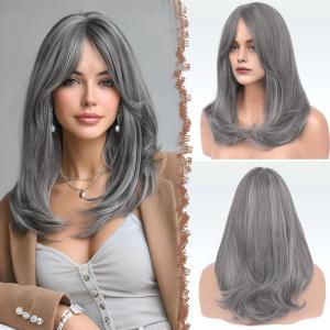 FESHFEN Wigs with Bangs for Women, Synthetic Natural Looking Long Layered Straight Hair Wig for Women Daily Party Costume, 18 inch Copper Red(Brown Mixed Grey Highlight)