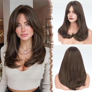 FESHFEN Wigs with Bangs for Women, Synthetic Natural Looking Long Layered Straight Hair Wig for Women Daily Party Costume, 18 inch Copper Red(Brown with Highlights)