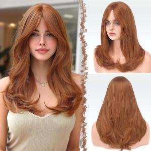 FESHFEN Wigs with Bangs for Women, Synthetic Natural Looking Long Layered Straight Hair Wig for Women Daily Party Costume, 18 inch Copper Red(Copper Red)