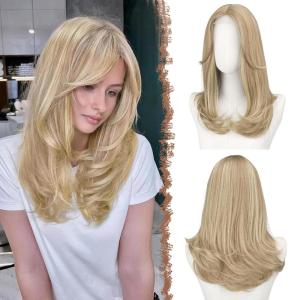 FESHFEN Wigs with Bangs for Women, Synthetic Natural Looking Long Layered Straight Hair Wig for Women Daily Party Costume, 18 inch Copper Red(Dirty Blonde)