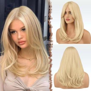 FESHFEN Wigs with Bangs for Women, Synthetic Natural Looking Long Layered Straight Hair Wig for Women Daily Party Costume, 18 inch Copper Red(Light Blonde)