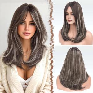 FESHFEN Wigs with Bangs for Women, Synthetic Natural Looking Long Layered Straight Hair Wig for Women Daily Party Costume, 18 inch Copper Red(Mix Grey)