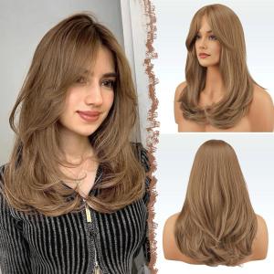 FESHFEN Wigs with Bangs for Women, Synthetic Natural Looking Long Layered Straight Hair Wig for Women Daily Party Costume, 18 inch Copper Red(Mixed Blonde)