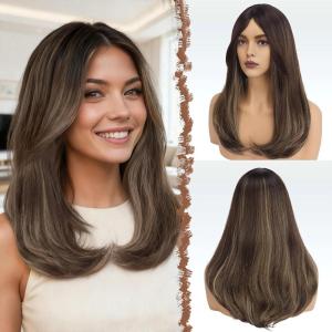 FESHFEN Wigs with Bangs for Women, Synthetic Natural Looking Long Layered Straight Hair Wig for Women Daily Party Costume, 18 inch Copper Red(Ombre Brown Blonde)