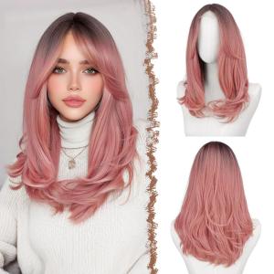 FESHFEN Wigs with Bangs for Women, Synthetic Natural Looking Long Layered Straight Hair Wig for Women Daily Party Costume, 18 inch Copper Red(Ombre Pink)