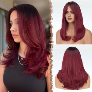 FESHFEN Wigs with Bangs for Women, Synthetic Natural Looking Long Layered Straight Hair Wig for Women Daily Party Costume, 18 inch Copper Red(Ombre Wine Red)