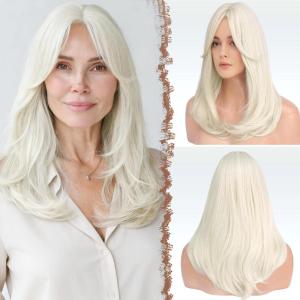 FESHFEN Wigs with Bangs for Women, Synthetic Natural Looking Long Layered Straight Hair Wig for Women Daily Party Costume, 18 inch Copper Red(Platina White)