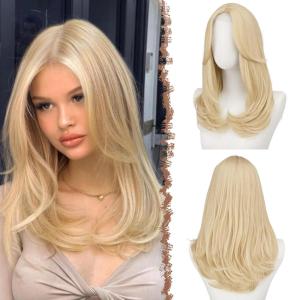 FESHFEN Wigs with Bangs for Women, Synthetic Natural Looking Long Layered Straight Hair Wig for Women Daily Party Costume, 18 inch Copper Red(Platinum Blonde)
