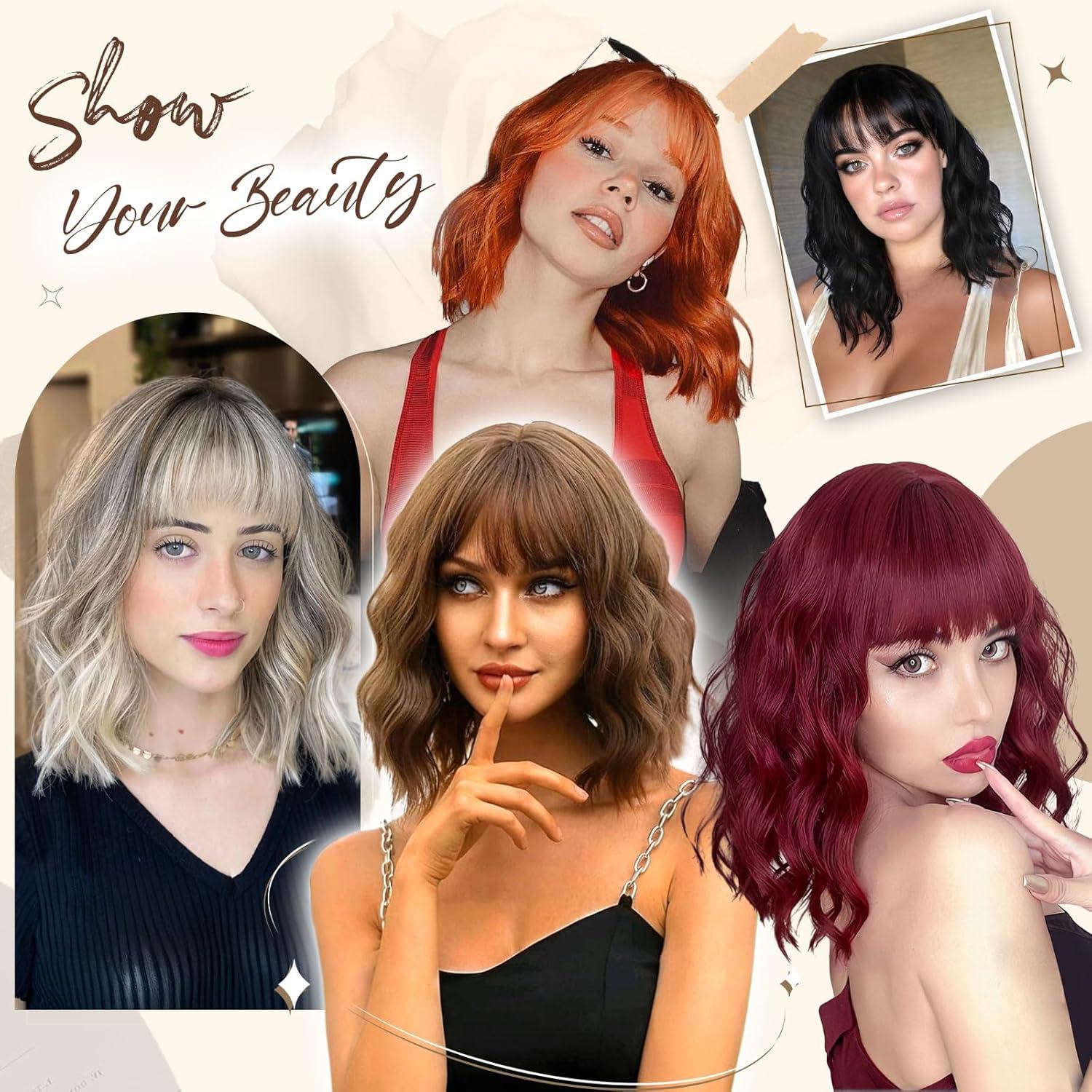 imageFESHFEN Bob Wigs with Bangs Green Shoulder Length Wavy Wig Synthetic Hair Wig for Women Costume Party Daily 14 inch613 Blonde