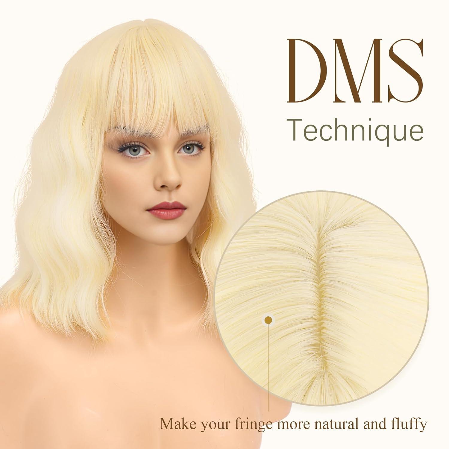 imageFESHFEN Bob Wigs with Bangs Green Shoulder Length Wavy Wig Synthetic Hair Wig for Women Costume Party Daily 14 inch613 Blonde