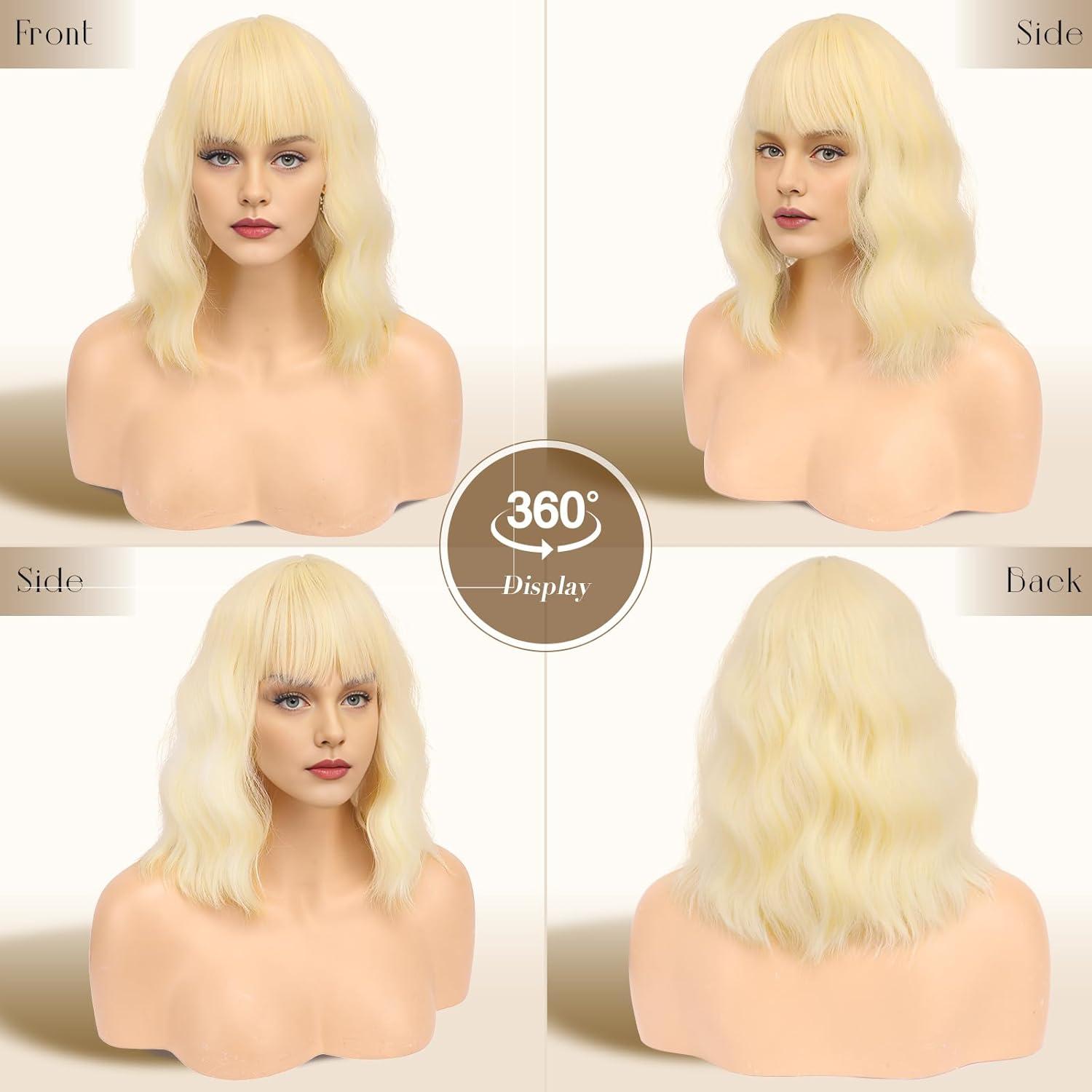 imageFESHFEN Bob Wigs with Bangs Green Shoulder Length Wavy Wig Synthetic Hair Wig for Women Costume Party Daily 14 inch613 Blonde
