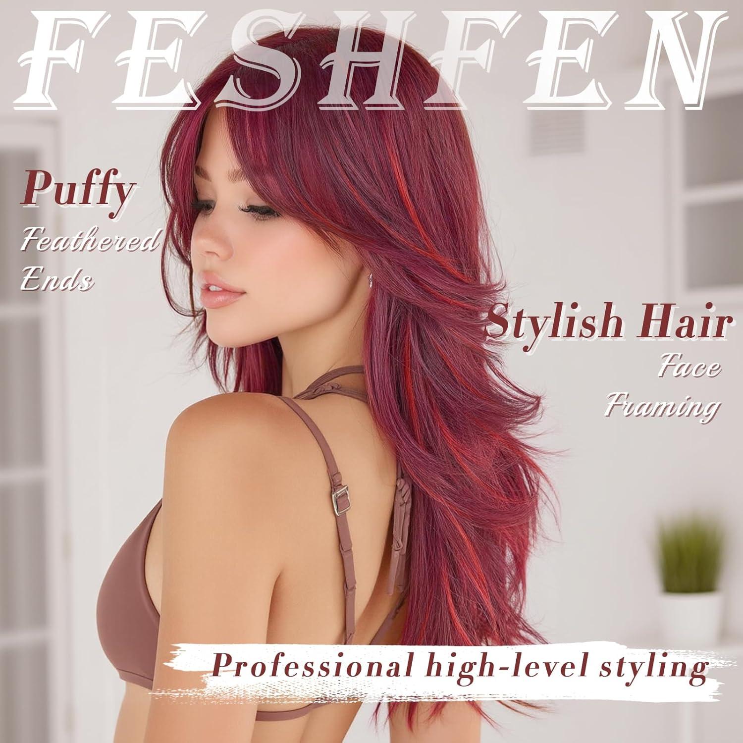 imageFESHFEN Light Blonde Wavy Layered Wig with Curtain Bangs for Women 22 Inch Long Synthetic Natural Looking Middle Part Hair Wig For Costume Party Daily UseMixed Red