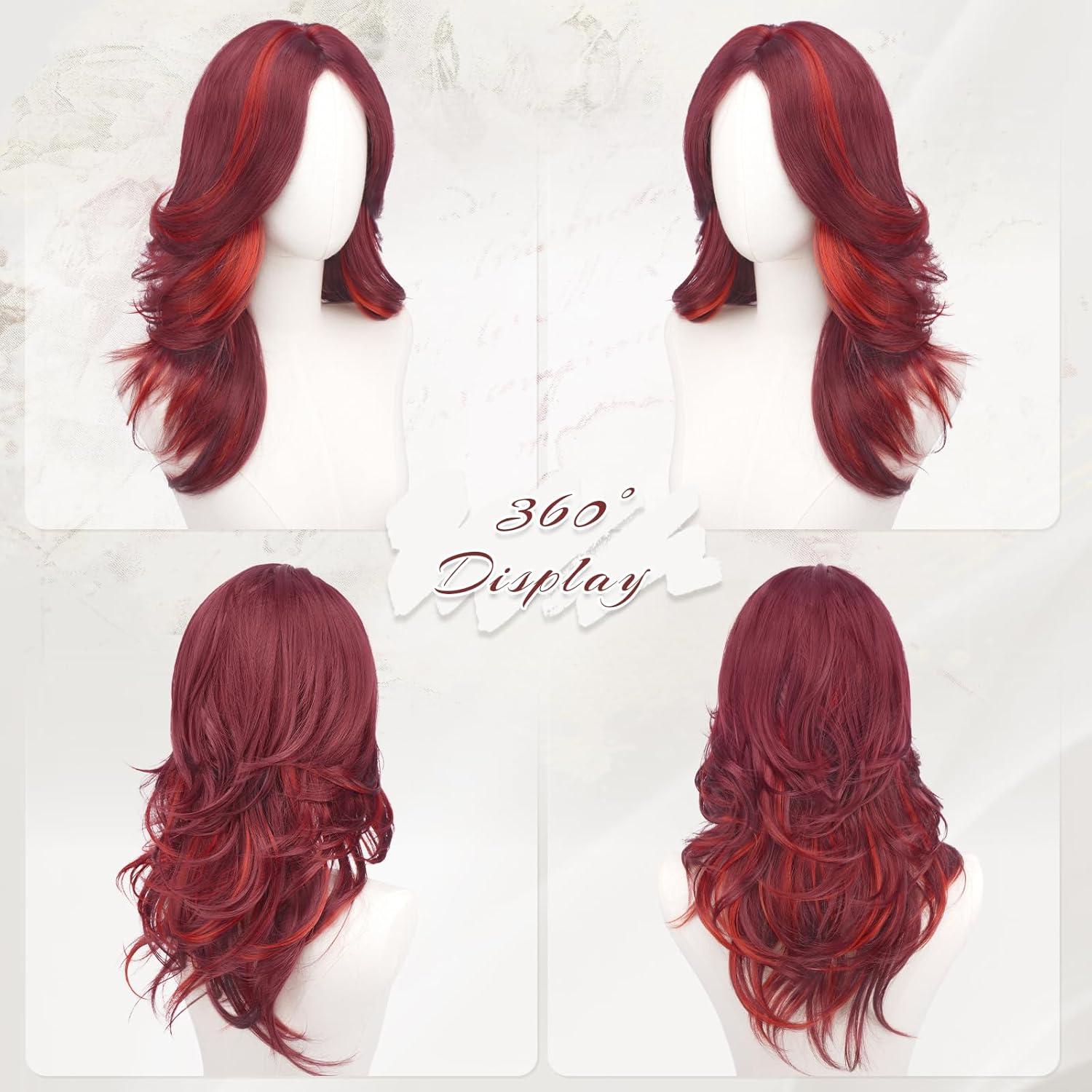 imageFESHFEN Light Blonde Wavy Layered Wig with Curtain Bangs for Women 22 Inch Long Synthetic Natural Looking Middle Part Hair Wig For Costume Party Daily UseMixed Red