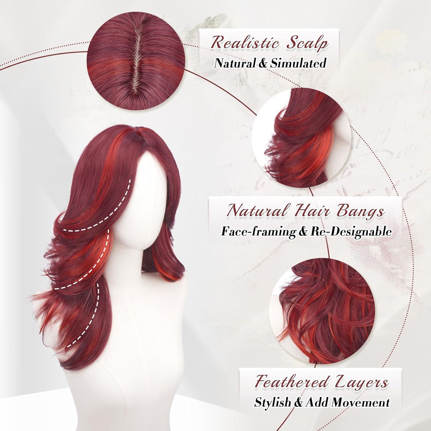 imageFESHFEN Light Blonde Wavy Layered Wig with Curtain Bangs for Women 22 Inch Long Synthetic Natural Looking Middle Part Hair Wig For Costume Party Daily UseMixed Red