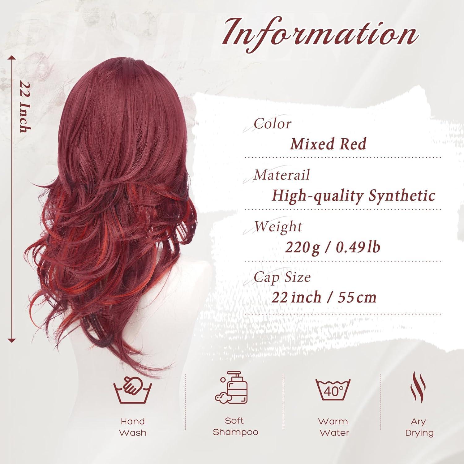 imageFESHFEN Light Blonde Wavy Layered Wig with Curtain Bangs for Women 22 Inch Long Synthetic Natural Looking Middle Part Hair Wig For Costume Party Daily UseMixed Red