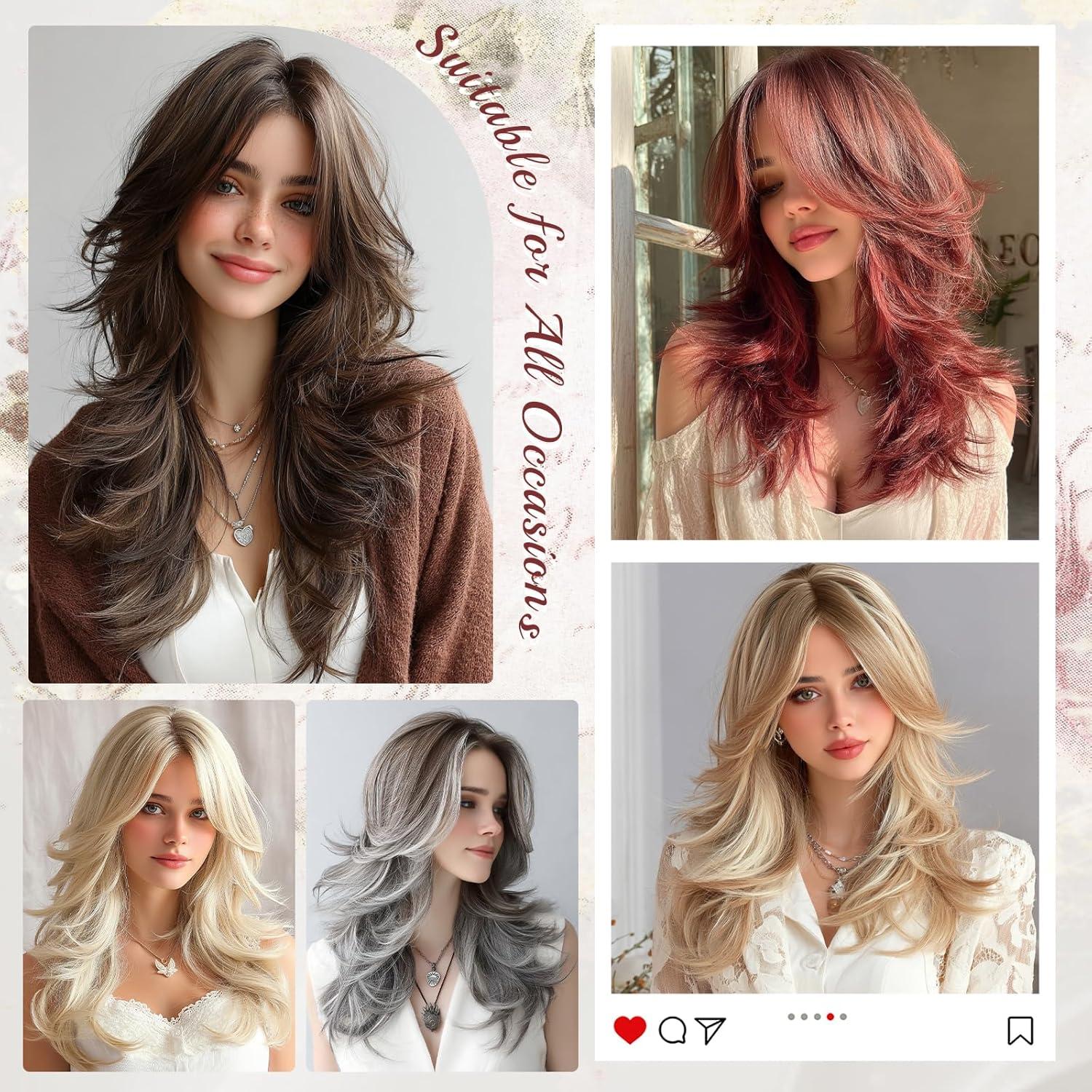 imageFESHFEN Light Blonde Wavy Layered Wig with Curtain Bangs for Women 22 Inch Long Synthetic Natural Looking Middle Part Hair Wig For Costume Party Daily UseMixed Red