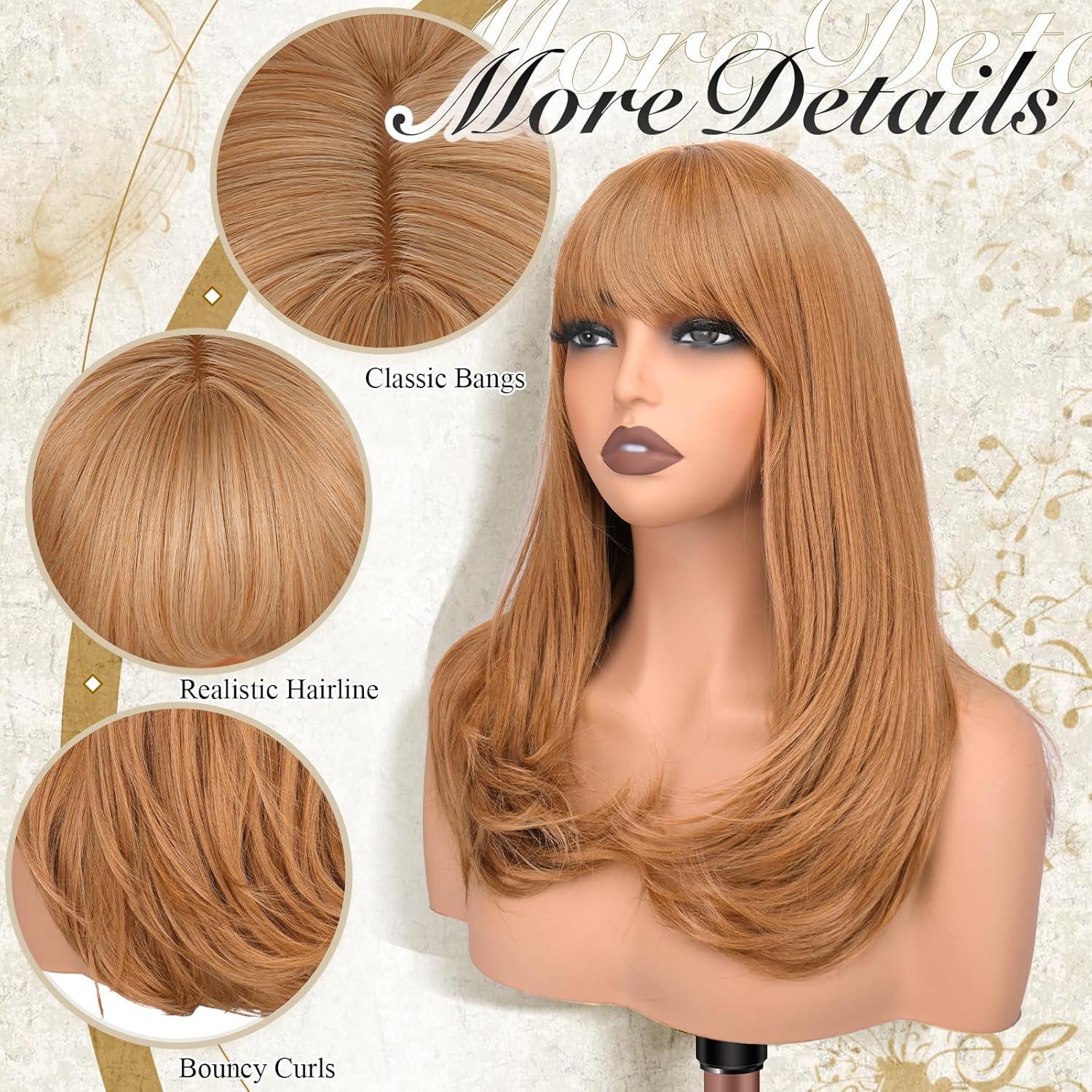 imageFESHFEN Long Wigs with Bangs Synthetic Natural Looking Layered Straight Hair Wig for Women Daily Party Use 18 inch Natural BlackAuburn Brown