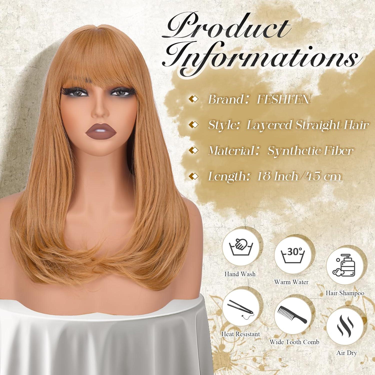 imageFESHFEN Long Wigs with Bangs Synthetic Natural Looking Layered Straight Hair Wig for Women Daily Party Use 18 inch Natural BlackAuburn Brown
